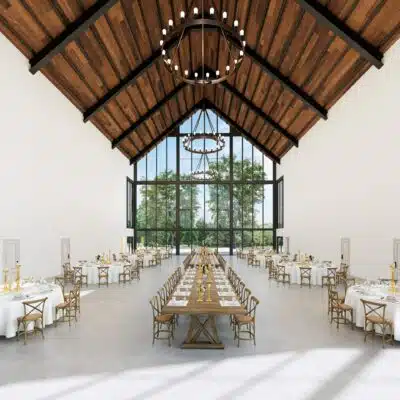 Indoor conceptual photo of a reception set-up at the Atrium at the Stone House at Silver Creek